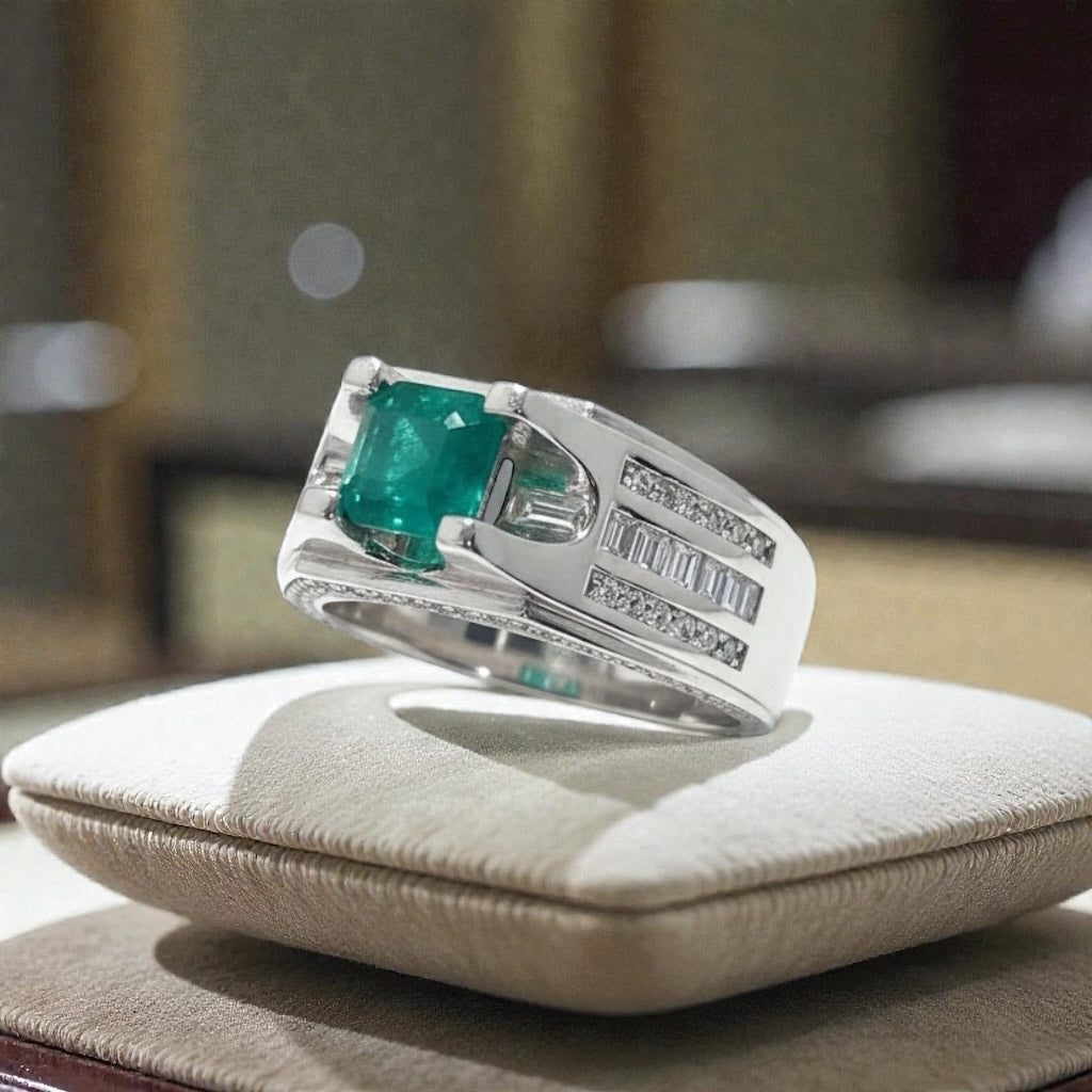 2 of 6 Limited Panjshir Emerald Men’s Ring – 2.10ct Vivid Verdant Green Masterpiece (White Gold Finish)